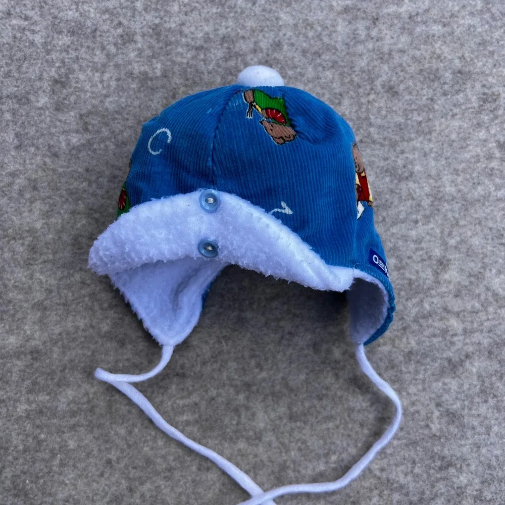 OshKosh VTG Trapper Hat Newborn Baby Blue Corduroy Good Bear ABC 123 Fleece